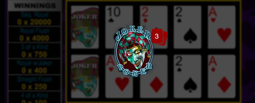 Joker Poker is a game of draw poker. The player receives five cards from the dealer; the player then chooses which of the cards to keep or “hold”. Then discards the remaining cards for new ones by pressing deal. The final hand is determined a winning hand if the player has Kings or better. There is also a special payout for having 5 of a kind, or Wild Royal with Joker. Also, Jokers's are wild and can be used to create other winning hands.